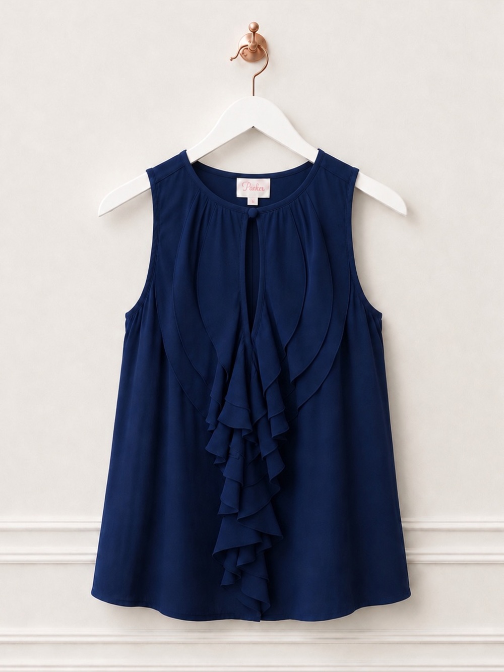 Parker $198 Womens Small Navy Blue 100% Silk Sleeveless Ruffle Keyhole Blouse
